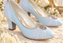 Load image into Gallery viewer, Cinderella Inspired Bridal Shoes | Something Blue Satin Block Heels