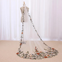 Load image into Gallery viewer, Autumnal embroidered Veil - Cathedral Length Floral Lace Edge Bridal Veil