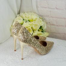 Load image into Gallery viewer, Gold Glitter Wedding Shoes – Pointed Toe Princess Bridal Heels