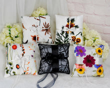 Load image into Gallery viewer, Gothic Wedding, Halloween Ring Pillow: Sparkling Cobweb Spider Bridal Rings