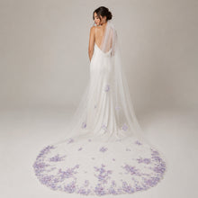 Load image into Gallery viewer, Beautiful cathedral wedding veil 3D Lilac embroidered flowers