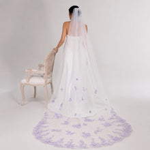 Load image into Gallery viewer, Beautiful cathedral wedding veil 3D Lilac embroidered flowers
