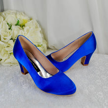 Load image into Gallery viewer, Royal Blue Block Heel Satin Shoes - UK5 - Ready to Dispatch