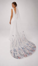 Load image into Gallery viewer, Beautiful cathedral white wedding veil blue embroidered flowers