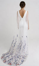 Load image into Gallery viewer, Beautiful cathedral white wedding veil blue embroidered flowers