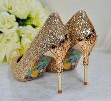 Load image into Gallery viewer, Belle-Inspired Glitter Bridal Shoes | Metal Leaf Wedding Heels