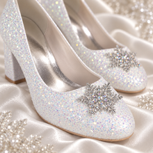Load image into Gallery viewer, Winter Wedding Shoes – Iridescent Glitter Block Heels with Crystal Snowflakes