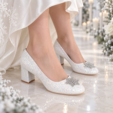 Load image into Gallery viewer, Winter Wedding Shoes – Iridescent Glitter Block Heels with Crystal Snowflakes