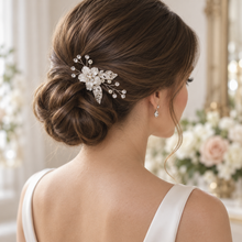 Load image into Gallery viewer, Ivory Flower Bridal Hair Pin – Pearl & Crystal Silver Hairpiece