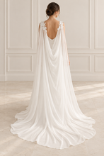 Load image into Gallery viewer, Ivory Chiffon Bridal Cape with Lace Shoulders – 300cm Cathedral Train