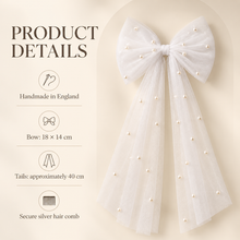 Load image into Gallery viewer, Pearl Tulle Hair Bow with Long Tails – Bridal Bow in White, Ivory, Black or Rainbow Pearls