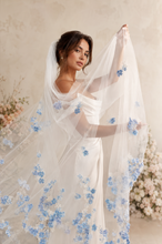 Load image into Gallery viewer, Handmade 3D Blue Embroidered Floral Wedding Veil | Cathedral Length | White & Ivory
