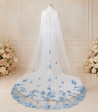 Load image into Gallery viewer, Handmade 3D Blue Embroidered Floral Wedding Veil | Cathedral Length | White & Ivory