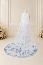 Load image into Gallery viewer, Handmade 3D Blue Embroidered Floral Wedding Veil | Cathedral Length | White & Ivory