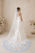 Load image into Gallery viewer, Handmade 3D Blue Embroidered Floral Wedding Veil | Cathedral Length | White & Ivory