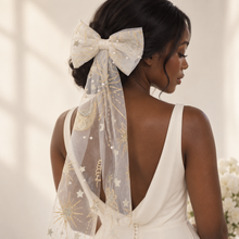 Load image into Gallery viewer, Celestial Tulle Bridal Hair Bow – Ivory, Gold & Silver