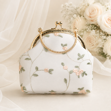 Load image into Gallery viewer, Vintage Embroidered Bridal Clutch Bag | Floral Satin Wedding Handbag with Gold Trim