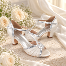 Load image into Gallery viewer, Ivory Satin T-Bar Bridal Shoes with Block Heel