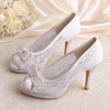 Load image into Gallery viewer, Lace Bridal Shoes with Bow | Peep Toe Stiletto Wedding Heels