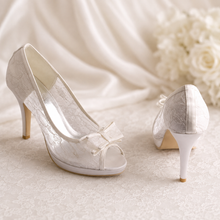 Load image into Gallery viewer, Lace Bridal Shoes with Bow | Peep Toe Stiletto Wedding Heels