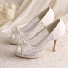 Load image into Gallery viewer, Lace Bridal Shoes with Bow | Peep Toe Stiletto Wedding Heels