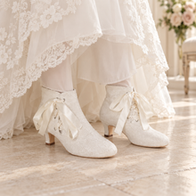 Load image into Gallery viewer, Vintage Lace Bridal Boots – Low Heel Ribbon Lace-Up Wedding Shoes