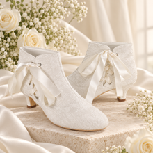 Load image into Gallery viewer, Vintage Lace Bridal Boots – Low Heel Ribbon Lace-Up Wedding Shoes