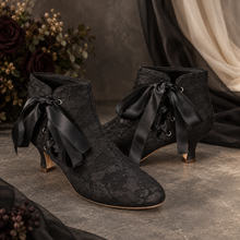 Load image into Gallery viewer, Vintage Lace Bridal Boots – Low Heel Ribbon Lace-Up Wedding Shoes