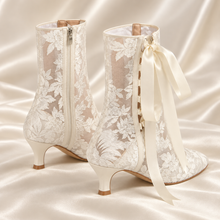 Load image into Gallery viewer, Ivory Lace Bridal Ankle Boots – Low Heel Ribbon Wedding Boots