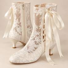 Load image into Gallery viewer, Ivory Lace Bridal Ankle Boots – Low Heel Ribbon Wedding Boots