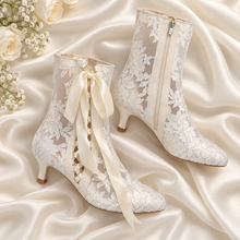 Load image into Gallery viewer, Ivory Lace Bridal Ankle Boots – Low Heel Ribbon Wedding Boots