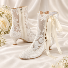 Load image into Gallery viewer, Ivory Lace Bridal Ankle Boots – Low Heel Ribbon Wedding Boots