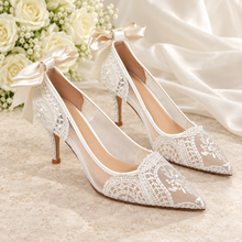 Load image into Gallery viewer, Ivory Lace Bridal Shoes with Satin Bows & Crystal Pearl Heels