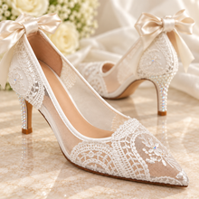 Load image into Gallery viewer, Ivory Lace Bridal Shoes with Satin Bows & Crystal Pearl Heels