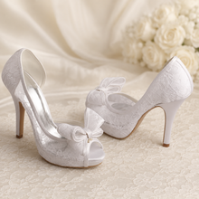 Load image into Gallery viewer, Lace Bridal Shoes with Bow | Peep Toe Stiletto Wedding Heels