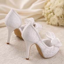 Load image into Gallery viewer, Lace Bridal Shoes with Bow | Peep Toe Stiletto Wedding Heels