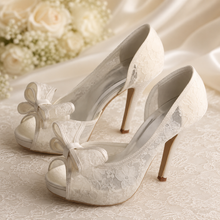 Load image into Gallery viewer, Lace Bridal Shoes with Bow | Peep Toe Stiletto Wedding Heels