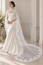 Load image into Gallery viewer, Ivory Lace Bridal Cape with Pearl Button Fastening – 300cm Cathedral Length