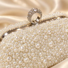 Load image into Gallery viewer, Ivory Pearl Bridal Clutch Bag – Handmade Wedding Purse with Crystal Clasp & Silver Chain