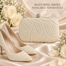 Load image into Gallery viewer, Ivory Pearl Clutch Bag – Cream Bridal Handbag with Silver Frame & Removable Chain