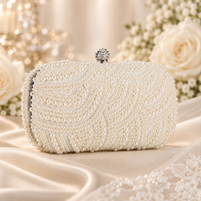 Load image into Gallery viewer, Ivory Pearl Clutch Bag – Cream Bridal Handbag with Silver Frame & Removable Chain