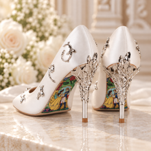Load image into Gallery viewer, Ivory Satin Bridal Heels with Silver Vines | Beauty and the Beast Inspired