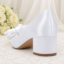 Load image into Gallery viewer, White D’Orsay Bridal Shoes with Bow – Low Block-Heel Wedding Shoes