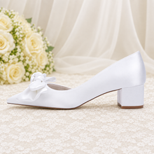 Load image into Gallery viewer, White D’Orsay Bridal Shoes with Bow – Low Block-Heel Wedding Shoes