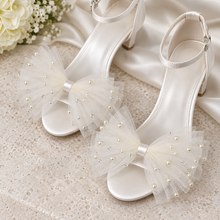 Load image into Gallery viewer, Ivory Satin Flat Bridal Sandals with Pearl Tulle Bows