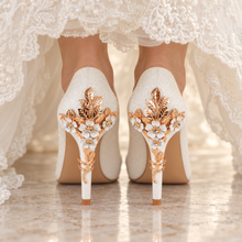 Load image into Gallery viewer, Ivory Shimmer Round-Toe Wedding Shoes with Cherry Blossom Heels
