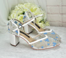 Load image into Gallery viewer, Ivory floral block heel bridal shoes with blue embroidered flowers