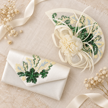 Load image into Gallery viewer, Ivory & Sage Green Fascinator and Clutch Bag Set – Handmade Wedding Guest Accessories