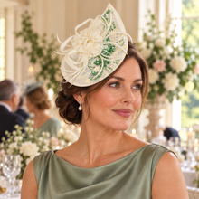 Load image into Gallery viewer, Ivory & Sage Green Fascinator and Clutch Bag Set – Handmade Wedding Guest Accessories