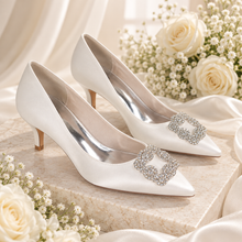 Load image into Gallery viewer, Crystal Kitten Heel Bridal Shoes – Satin Pointed Toe Wedding Shoes in 9 Colours